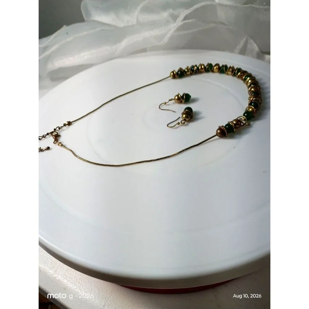 Chunky Green Glass Bead Layered Necklace & Matching Dangle Earrings Set